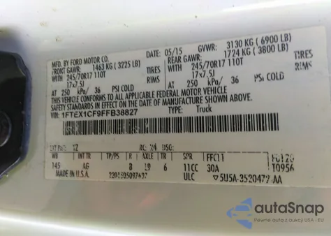 2015 Ford F-150 Xl z USA, uszkodzony, nr VIN 1FTEX1CF9FFB38827